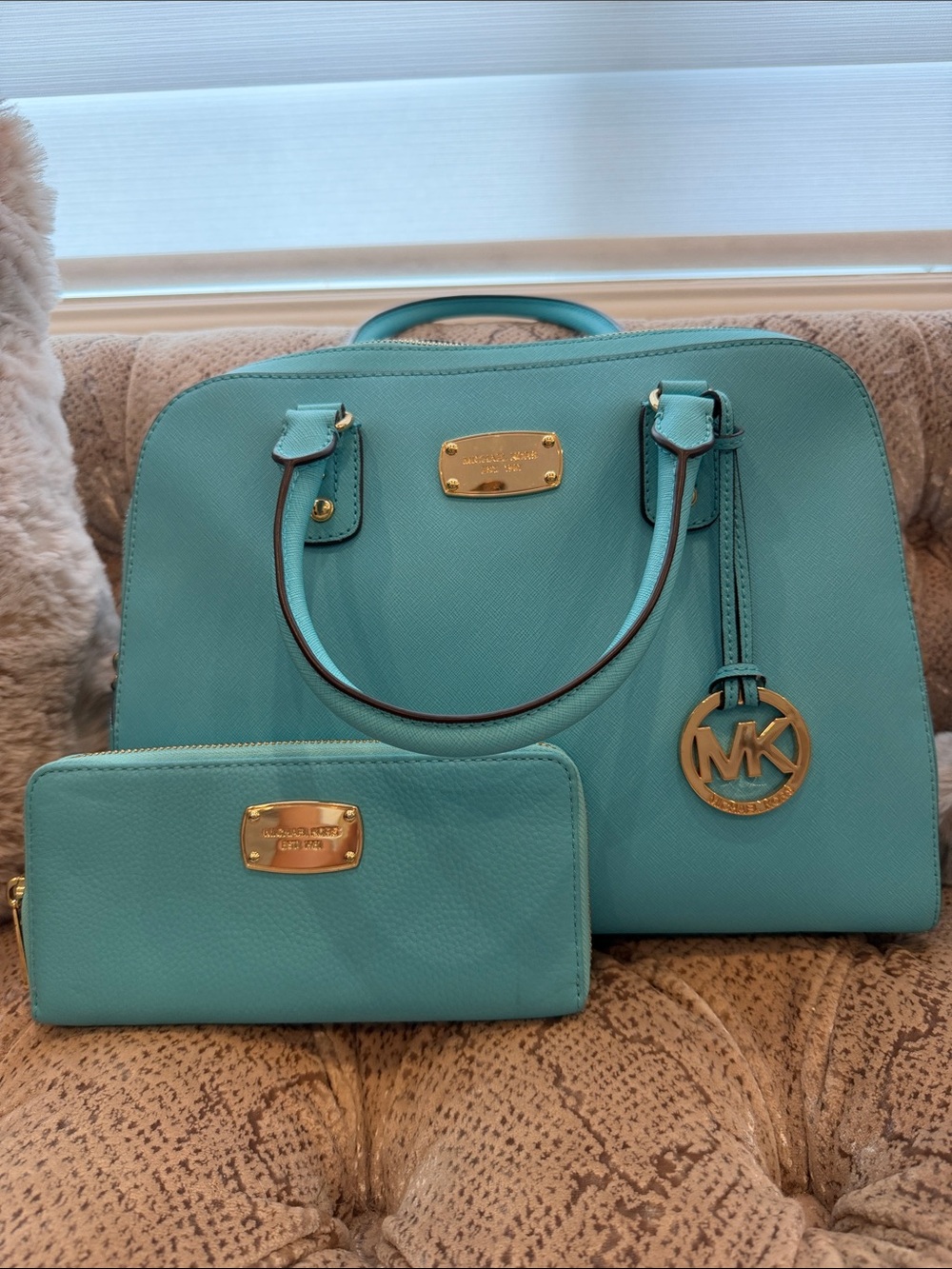 Michael Kors Turquoise Dome Satchel with Matching Wallet and Gold Hardware